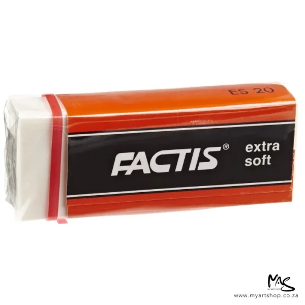 A single Factis Extra Soft Eraser is shown across the center of the frame horizontally. The rectangular eraser is white plastic and is in a red and black printed sleeve with the name Factis on it. The image is center of the frame and on a white background.