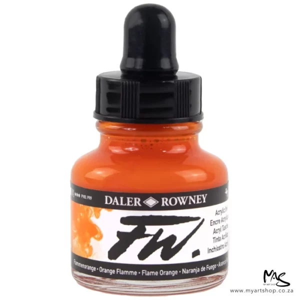 A single bottle of Fame Orange Daler Rowney FW Acrylic Ink can be seen in the center of the frame. The bottle is a clear glass and has a white label around the body of the bottle with black text. The text describes the colour of the ink and there is the brand name and fw logo on the label. The bottle has a black, plastic eye dropper lid. The image is on a white background.