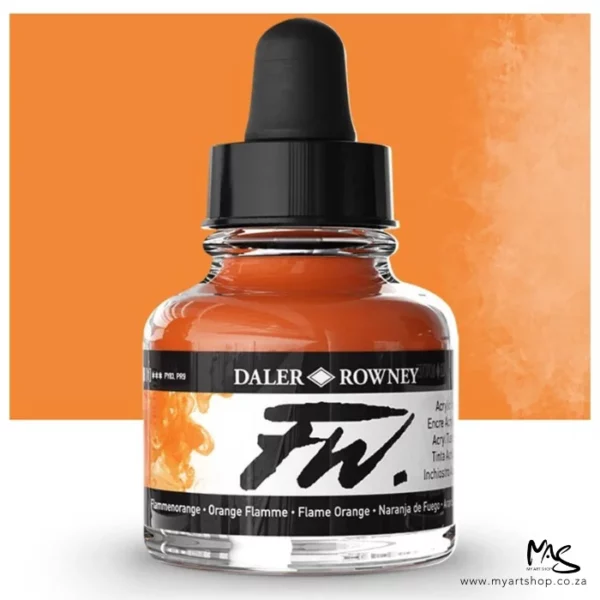 A single bottle of Flame Orange Daler Rowney FW Acrylic Ink can be seen in the center of the frame. The bottle is a clear glass and has a white label around the body of the bottle with black text. The text describes the colour of the ink and there is the brand name and fw logo on the label. The bottle has a black, plastic eye dropper lid. There is a colour block rectangle in the background, behind the bottle, which shows the colour of the ink. There is a slight shadow at the base of the bottle.
