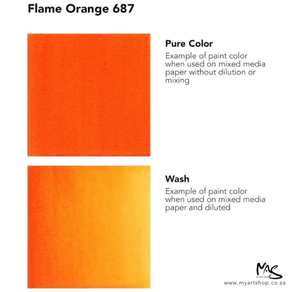 A colour chart for Flame Orange Daler Rowney FW Acrylic Ink. There are two colour block squares along the left hand side of the frame with text to the right of each square. The name of the colour is shown at the top of the frame. On a white background.