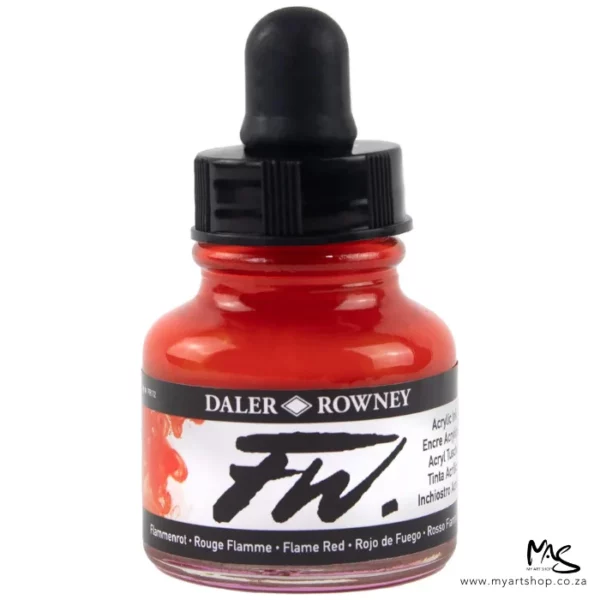 A single bottle of Flame Red Daler Rowney FW Acrylic Ink can be seen in the center of the frame. The bottle is a clear glass and has a white label around the body of the bottle with black text. The text describes the colour of the ink and there is the brand name and fw logo on the label. The bottle has a black, plastic eye dropper lid. The image is on a white background.
