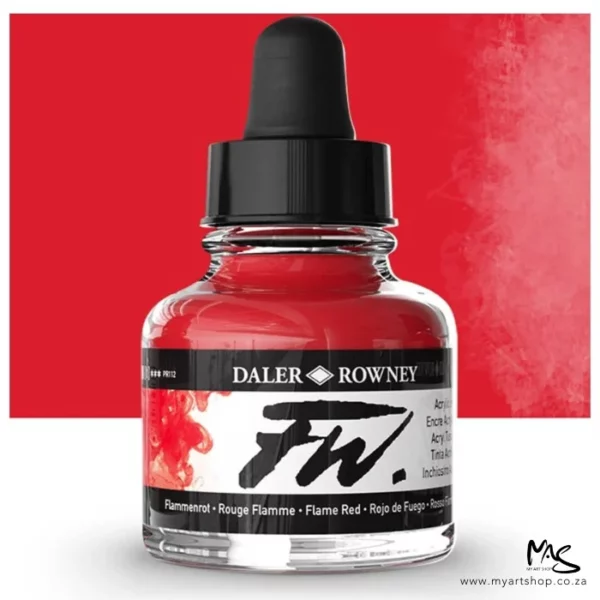 A single bottle of Flame Red Daler Rowney FW Acrylic Ink can be seen in the center of the frame. The bottle is a clear glass and has a white label around the body of the bottle with black text. The text describes the colour of the ink and there is the brand name and fw logo on the label. The bottle has a black, plastic eye dropper lid. There is a colour block rectangle in the background, behind the bottle, which shows the colour of the ink. There is a slight shadow at the base of the bottle.