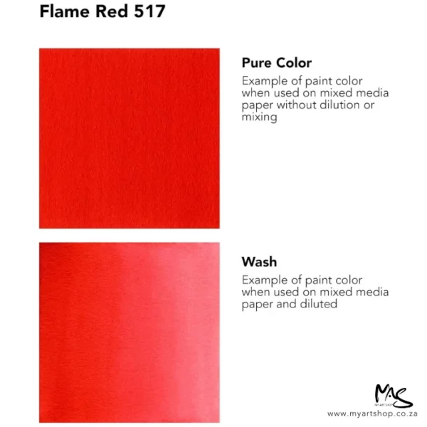 A colour chart for Flame Red Daler Rowney FW Acrylic Ink. There are two colour block squares along the left hand side of the frame with text to the right of each square. The name of the colour is shown at the top of the frame. On a white background.
