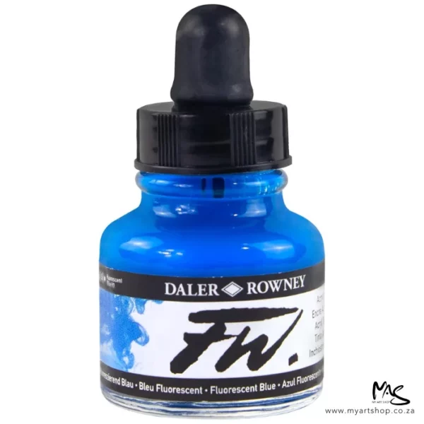 A single bottle of Fluorescent Blue Daler Rowney FW Acrylic Ink can be seen in the center of the frame. The bottle is a clear glass and has a white label around the body of the bottle with black text. The text describes the colour of the ink and there is the brand name and fw logo on the label. The bottle has a black, plastic eye dropper lid. The image is on a white background.