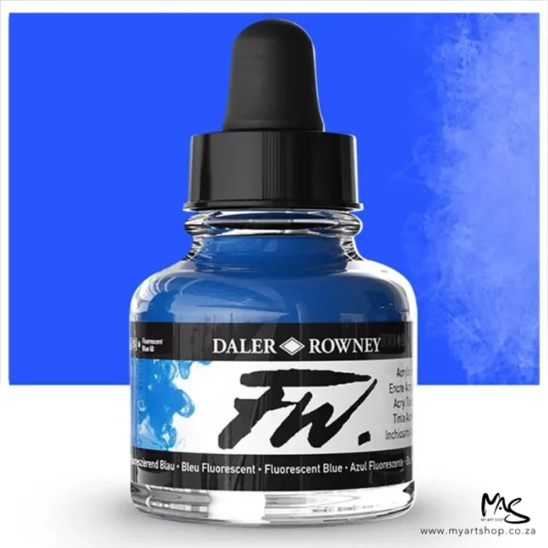 A single bottle of Fluorescent Blue Daler Rowney FW Acrylic Ink can be seen in the center of the frame. The bottle is a clear glass and has a white label around the body of the bottle with black text. The text describes the colour of the ink and there is the brand name and fw logo on the label. The bottle has a black, plastic eye dropper lid. There is a colour block rectangle in the background, behind the bottle, which shows the colour of the ink. There is a slight shadow at the base of the bottle.