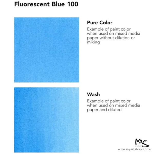 A colour chart for Fluorescent Blue Daler Rowney FW Acrylic Ink. There are two colour block squares along the left hand side of the frame with text to the right of each square. The name of the colour is shown at the top of the frame. On a white background.