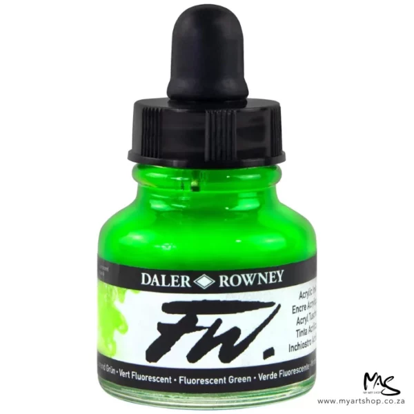A single bottle of Fluorescent Green Daler Rowney FW Acrylic Ink can be seen in the center of the frame. The bottle is a clear glass and has a white label around the body of the bottle with black text. The text describes the colour of the ink and there is the brand name and fw logo on the label. The bottle has a black, plastic eye dropper lid. The image is on a white background.