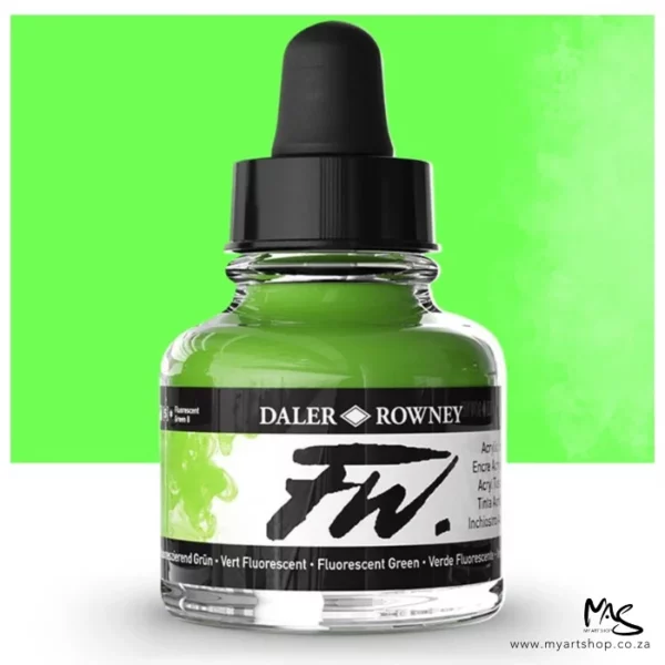 A single bottle of Fluorescent Green Daler Rowney FW Acrylic Ink can be seen in the center of the frame. The bottle is a clear glass and has a white label around the body of the bottle with black text. The text describes the colour of the ink and there is the brand name and fw logo on the label. The bottle has a black, plastic eye dropper lid. There is a colour block rectangle in the background, behind the bottle, which shows the colour of the ink. There is a slight shadow at the base of the bottle.