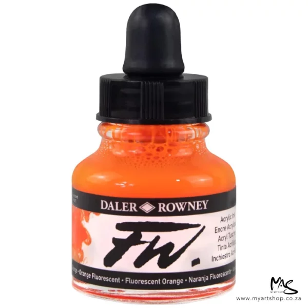 A single bottle of Fluorescent Orange Daler Rowney FW Acrylic Ink can be seen in the center of the frame. The bottle is a clear glass and has a white label around the body of the bottle with black text. The text describes the colour of the ink and there is the brand name and fw logo on the label. The bottle has a black, plastic eye dropper lid. The image is on a white background.