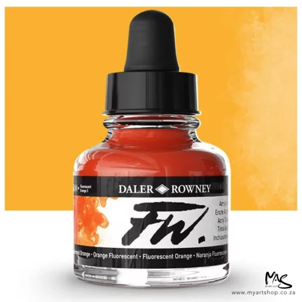 A single bottle of Fluorescent Orange Daler Rowney FW Acrylic Ink can be seen in the center of the frame. The bottle is a clear glass and has a white label around the body of the bottle with black text. The text describes the colour of the ink and there is the brand name and fw logo on the label. The bottle has a black, plastic eye dropper lid. There is a colour block rectangle in the background, behind the bottle, which shows the colour of the ink. There is a slight shadow at the base of the bottle.
