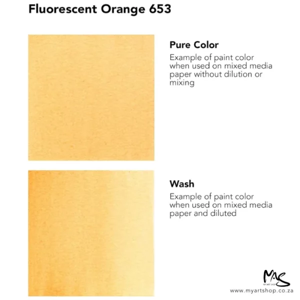 A colour chart for Fluorescent Orange Daler Rowney FW Acrylic Ink. There are two colour block squares along the left hand side of the frame with text to the right of each square. The name of the colour is shown at the top of the frame. On a white background.