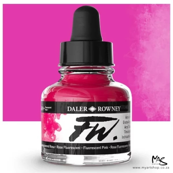 A single bottle of Fluorescent Pink Daler Rowney FW Acrylic Ink can be seen in the center of the frame. The bottle is a clear glass and has a white label around the body of the bottle with black text. The text describes the colour of the ink and there is the brand name and fw logo on the label. The bottle has a black, plastic eye dropper lid. There is a colour block rectangle in the background, behind the bottle, which shows the colour of the ink. There is a slight shadow at the base of the bottle.