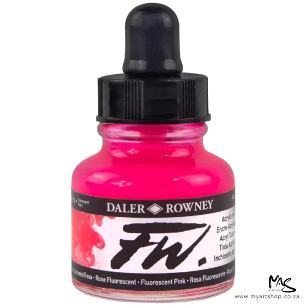 A single bottle of Fluorescent Pink Daler Rowney FW Acrylic Ink can be seen in the center of the frame. The bottle is a clear glass and has a white label around the body of the bottle with black text. The text describes the colour of the ink and there is the brand name and fw logo on the label. The bottle has a black, plastic eye dropper lid. The image is on a white background.