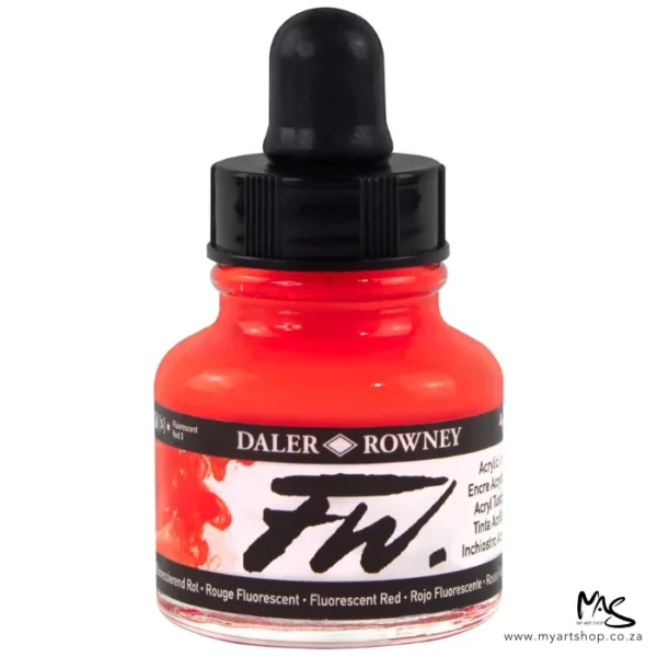A single bottle of Fluorescent Red Daler Rowney FW Acrylic Ink can be seen in the center of the frame. The bottle is a clear glass and has a white label around the body of the bottle with black text. The text describes the colour of the ink and there is the brand name and fw logo on the label. The bottle has a black, plastic eye dropper lid. The image is on a white background.