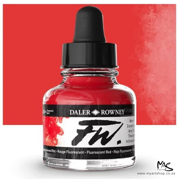 A single bottle of Fluorescent Red Daler Rowney FW Acrylic Ink can be seen in the center of the frame. The bottle is a clear glass and has a white label around the body of the bottle with black text. The text describes the colour of the ink and there is the brand name and fw logo on the label. The bottle has a black, plastic eye dropper lid. There is a colour block rectangle in the background, behind the bottle, which shows the colour of the ink. There is a slight shadow at the base of the bottle.