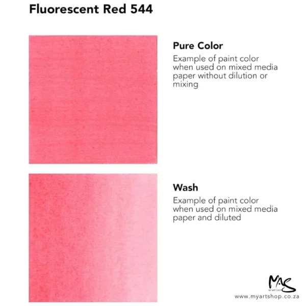 A colour chart for Fluorescent Red Daler Rowney FW Acrylic Ink. There are two colour block squares along the left hand side of the frame with text to the right of each square. The name of the colour is shown at the top of the frame. On a white background.