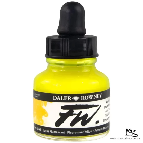A single bottle of Fluorescent Yellow Daler Rowney FW Acrylic Ink can be seen in the center of the frame. The bottle is a clear glass and has a white label around the body of the bottle with black text. The text describes the colour of the ink and there is the brand name and fw logo on the label. The bottle has a black, plastic eye dropper lid. The image is on a white background.