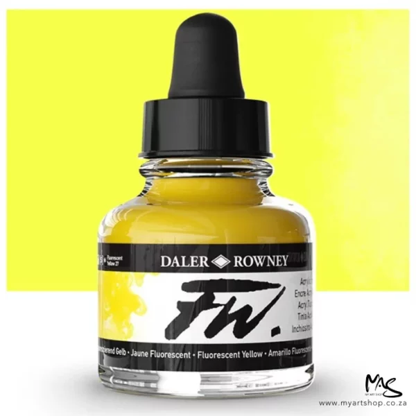 A single bottle of Fluorescent Yellow Daler Rowney FW Acrylic Ink can be seen in the center of the frame. The bottle is a clear glass and has a white label around the body of the bottle with black text. The text describes the colour of the ink and there is the brand name and fw logo on the label. The bottle has a black, plastic eye dropper lid. There is a colour block rectangle in the background, behind the bottle, which shows the colour of the ink. There is a slight shadow at the base of the bottle.