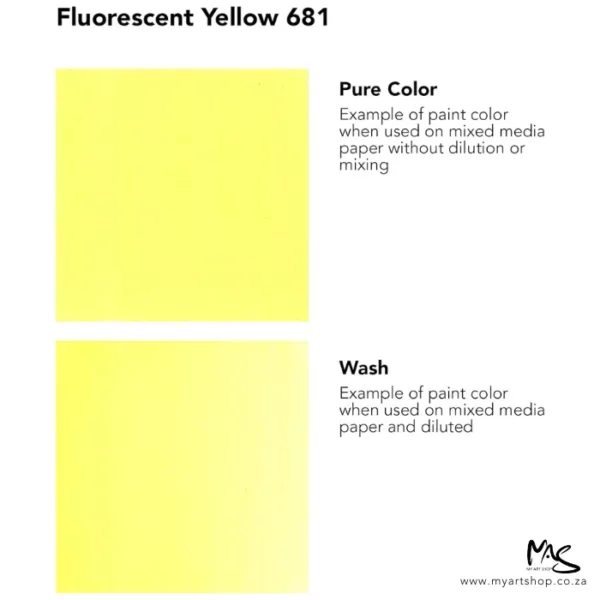 A colour chart for Fluorescent Yellow Daler Rowney FW Acrylic Ink. There are two colour block squares along the left hand side of the frame with text to the right of each square. The name of the colour is shown at the top of the frame. On a white background.
