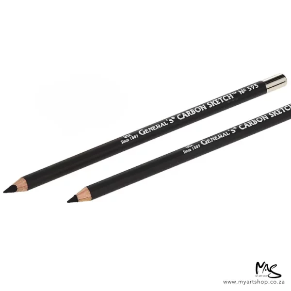 Two General's Carbon Sketch Pencils can be seen horizontally across the center of the frame, they are slightly angled. One pencil is cut off by the right hand side of the frame. The pencils have a black barrel, with a platinum dipped end and a black lead. They are on a white background.
