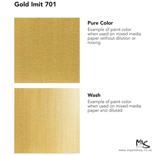 A colour chart for Gold Imitation Daler Rowney FW Acrylic Ink. There are two colour block squares along the left hand side of the frame with text to the right of each square. The name of the colour is shown at the top of the frame. On a white background.