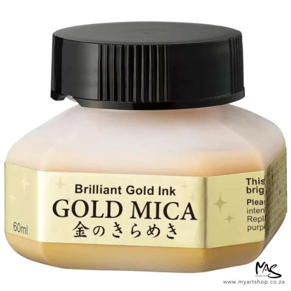 A single bottle of Gold Kuretake Mica Ink can be seen in the center of the frame. The bottle is frosted plastic and has a black plastic screw on lid. There is a label around the body of the bottle with the product name. You can see the coloured ink through the bottle. The image is on a white background.