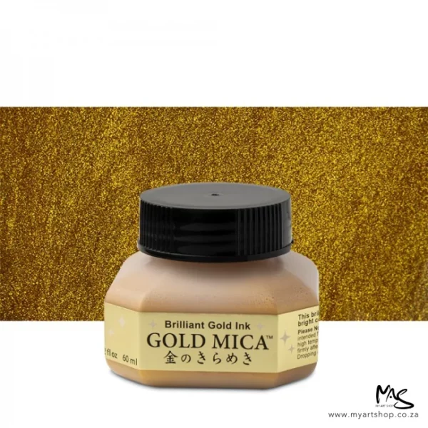 A single bottle of Gold Kuretake Mica Ink can be seen in the center of the frame. The bottle is frosted plastic and has a black plastic screw on lid. There is a label around the body of the bottle with the product name. You can see the coloured ink through the bottle. The image is on a white background and there is a metallic rectangle behind the bottle that reflects the colour of the ink.