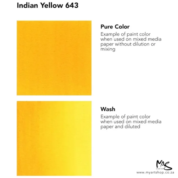 A colour chart for Indian Yellow Daler Rowney FW Acrylic Ink. There are two colour block squares along the left hand side of the frame with text to the right of each square. The name of the colour is shown at the top of the frame. On a white background.