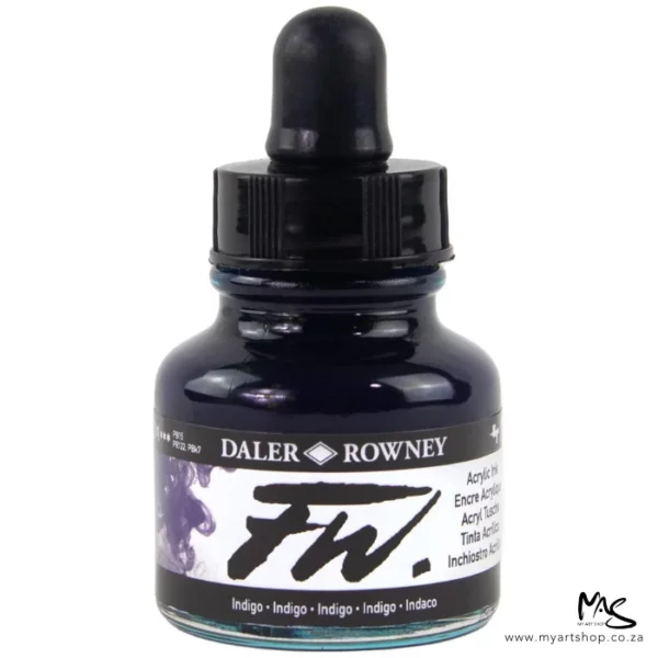 A single bottle of Indigo Daler Rowney FW Acrylic Ink can be seen in the center of the frame. The bottle is a clear glass and has a white label around the body of the bottle with black text. The text describes the colour of the ink and there is the brand name and fw logo on the label. The bottle has a black, plastic eye dropper lid. The image is on a white background.