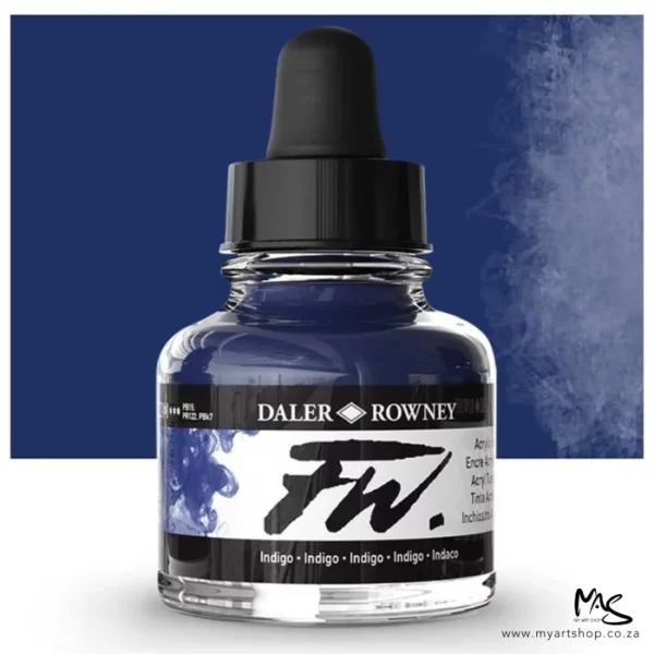 A single bottle of Indigo Daler Rowney FW Acrylic Ink can be seen in the center of the frame. The bottle is a clear glass and has a white label around the body of the bottle with black text. The text describes the colour of the ink and there is the brand name and fw logo on the label. The bottle has a black, plastic eye dropper lid. There is a colour block rectangle in the background, behind the bottle, which shows the colour of the ink. There is a slight shadow at the base of the bottle.