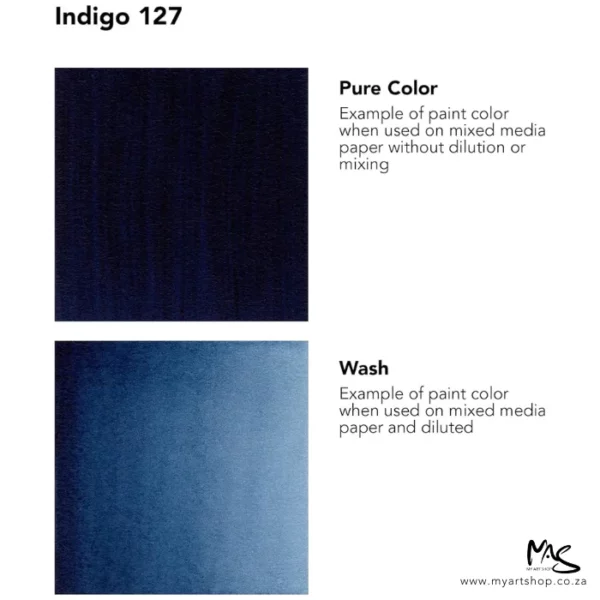 A colour chart for Indigo Daler Rowney FW Acrylic Ink. There are two colour block squares along the left hand side of the frame with text to the right of each square. The name of the colour is shown at the top of the frame. On a white background.