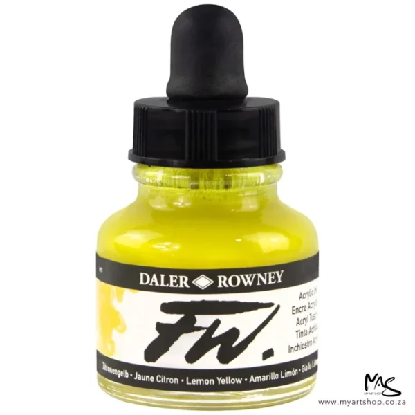 A single bottle of Lemon Yellow Daler Rowney FW Acrylic Ink can be seen in the center of the frame. The bottle is a clear glass and has a white label around the body of the bottle with black text. The text describes the colour of the ink and there is the brand name and fw logo on the label. The bottle has a black, plastic eye dropper lid. The image is on a white background.