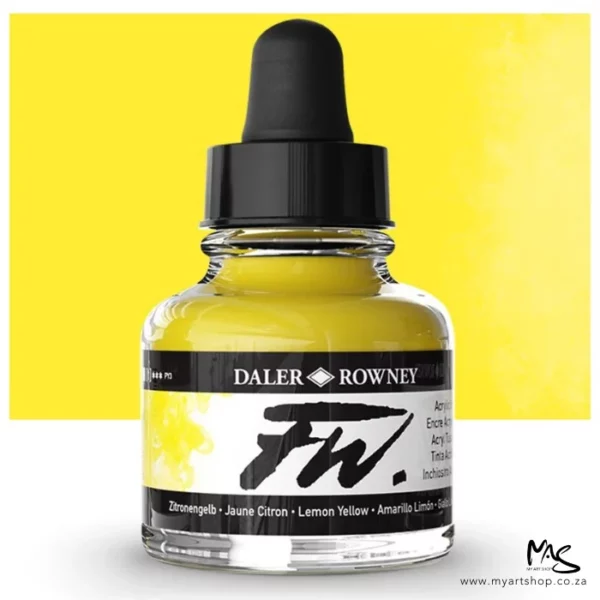 A single bottle of Lemon Yellow Daler Rowney FW Acrylic Ink can be seen in the center of the frame. The bottle is a clear glass and has a white label around the body of the bottle with black text. The text describes the colour of the ink and there is the brand name and fw logo on the label. The bottle has a black, plastic eye dropper lid. There is a colour block rectangle in the background, behind the bottle, which shows the colour of the ink. There is a slight shadow at the base of the bottle.