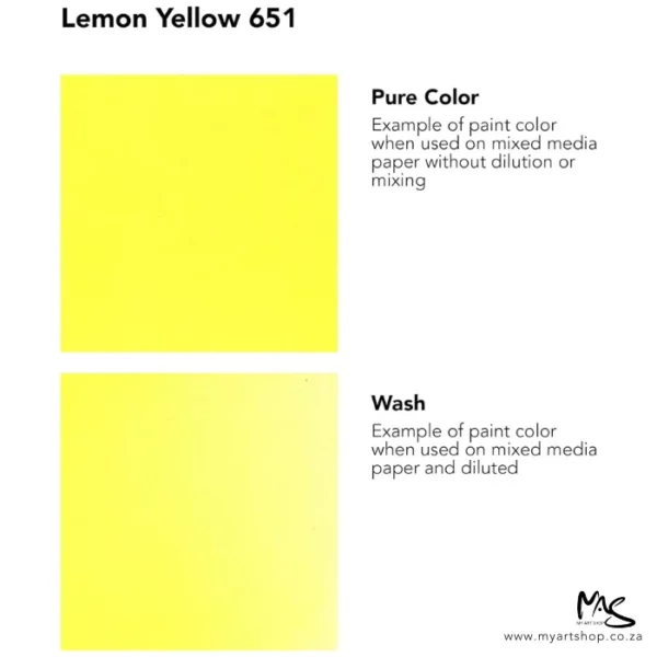 A colour chart for Lemon Yellow Daler Rowney FW Acrylic Ink. There are two colour block squares along the left hand side of the frame with text to the right of each square. The name of the colour is shown at the top of the frame. On a white background.