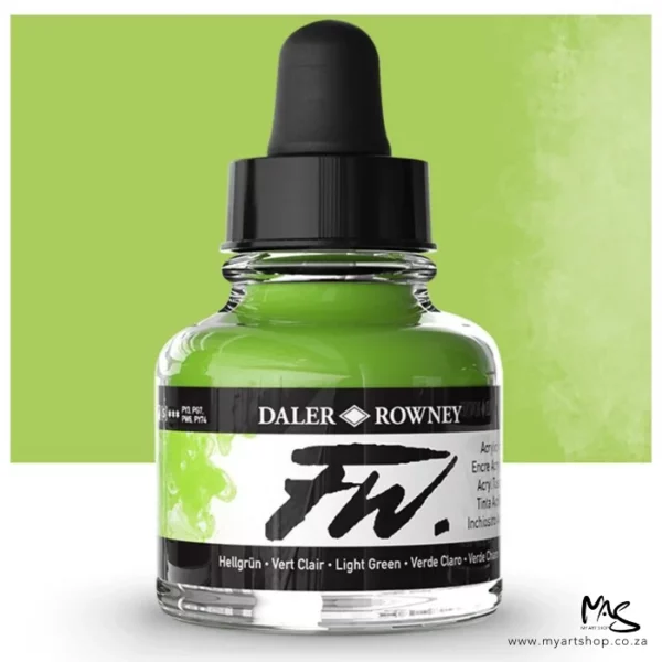 A single bottle of Light Green Daler Rowney FW Acrylic Ink can be seen in the center of the frame. The bottle is a clear glass and has a white label around the body of the bottle with black text. The text describes the colour of the ink and there is the brand name and fw logo on the label. The bottle has a black, plastic eye dropper lid. There is a colour block rectangle in the background, behind the bottle, which shows the colour of the ink. There is a slight shadow at the base of the bottle.