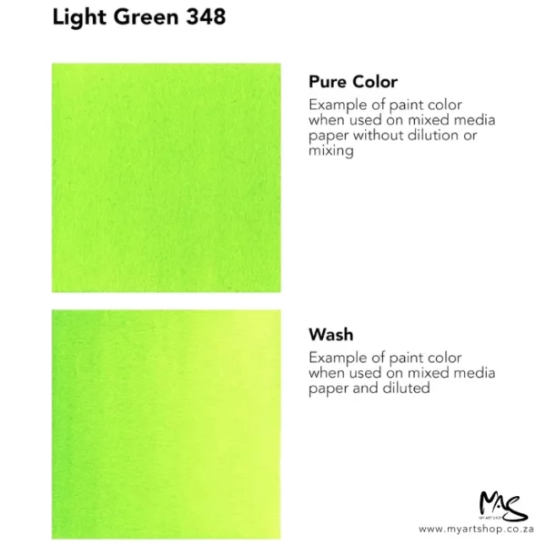 A colour chart for Light Green Daler Rowney FW Acrylic Ink. There are two colour block squares along the left hand side of the frame with text to the right of each square. The name of the colour is shown at the top of the frame. On a white background.