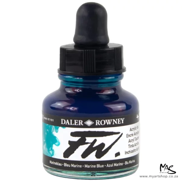A single bottle of Marine Blue Daler Rowney FW Acrylic Ink can be seen in the center of the frame. The bottle is a clear glass and has a white label around the body of the bottle with black text. The text describes the colour of the ink and there is the brand name and fw logo on the label. The bottle has a black, plastic eye dropper lid. The image is on a white background.