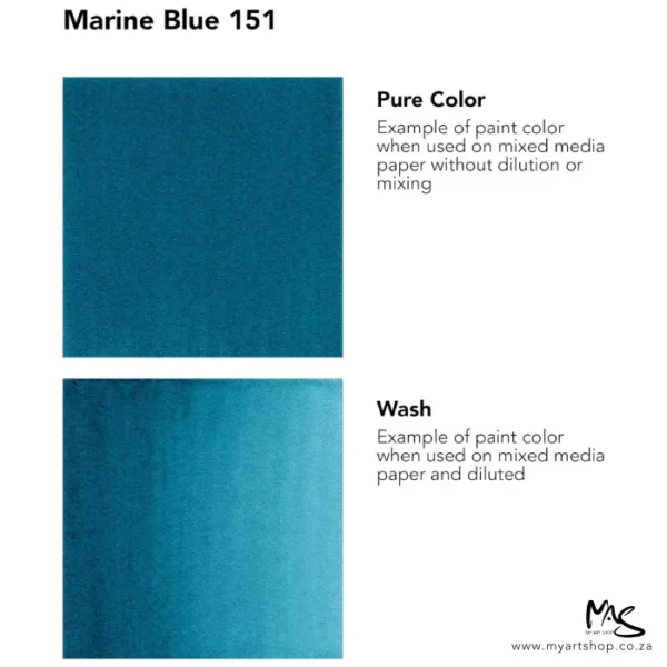 A colour chart for Marine Blue Daler Rowney FW Acrylic Ink. There are two colour block squares along the left hand side of the frame with text to the right of each square. The name of the colour is shown at the top of the frame. On a white background.