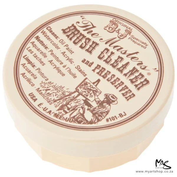 A birds eye view of the lid of the tub of Masters Brush Cleaner and Preserver. The lid is round and beige in colour with dark brown text, describing the contents of the tub. On a white background.