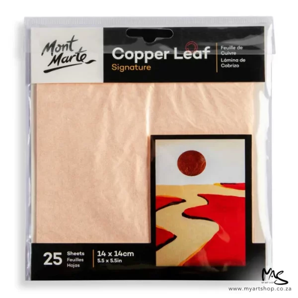 A pack of Mont Marte Imitation Silver Leaf can be seen in the center of the frame. The leaf is provided in a clear, hangable plastic packet. There is a piece of board at the front of the packet that contains an image of an abstract sunset and a description of the product and the brand name. The image is center of the frame and on a white background.