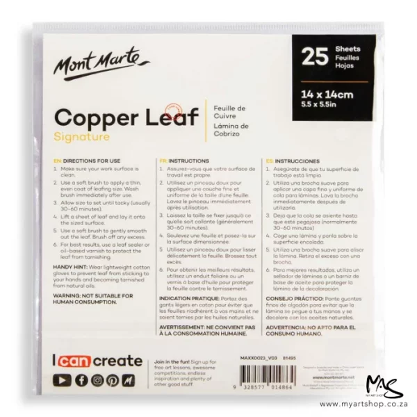 The back packaging of Mont Marte Copper Leaf can be seen in the center of the frame. The leaf is supplied in a clear packet that is hangable. There is a piece of paper in the back of the packet with the instructions for the leafing process. The image is center of the frame and on a white background.