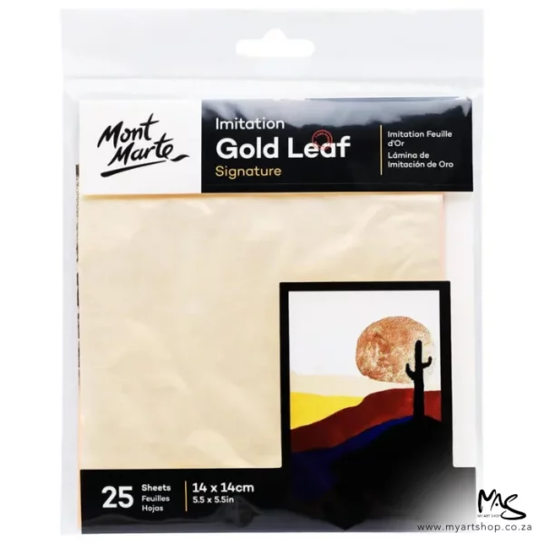 A pack of Mont Marte Imitation Gold Leaf can be seen in the center of the frame. The leaf is provided in a clear, hangable plastic packet. There is a piece of board at the front of the packet that contains an image of a sunset in the desert with a cactus and a description of the product and the brand name. The image is center of the frame and on a white background.
