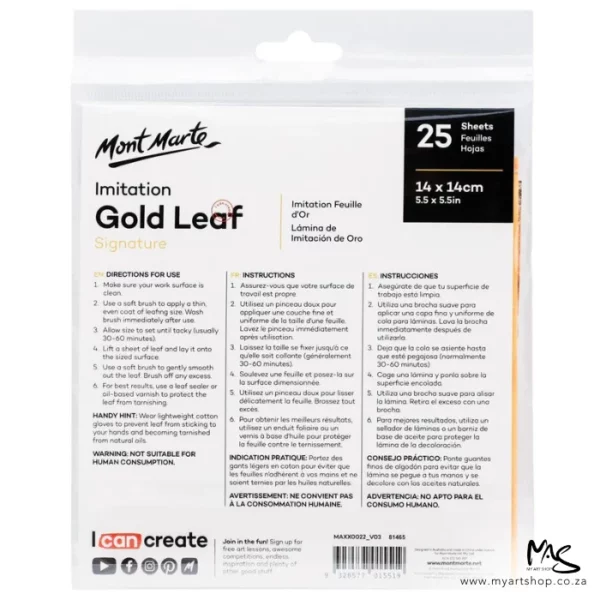 The back packaging of Mont Marte Imitation Gold Leaf can be seen in the center of the frame. The leaf is supplied in a clear packet that is hangable. There is a piece of paper in the back of the packet with the instructions for the leafing process. The image is center of the frame and on a white background.