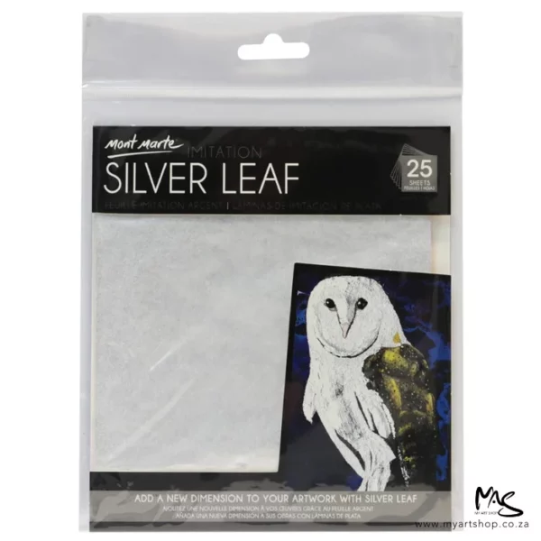 A pack of Mont Marte Imitation Silver Leaf can be seen in the center of the frame. The leaf is provided in a clear, hangable plastic packet. There is a piece of board at the front of the packet that contains an image of an owl and a description of the product and the brand name. The image is center of the frame and on a white background.