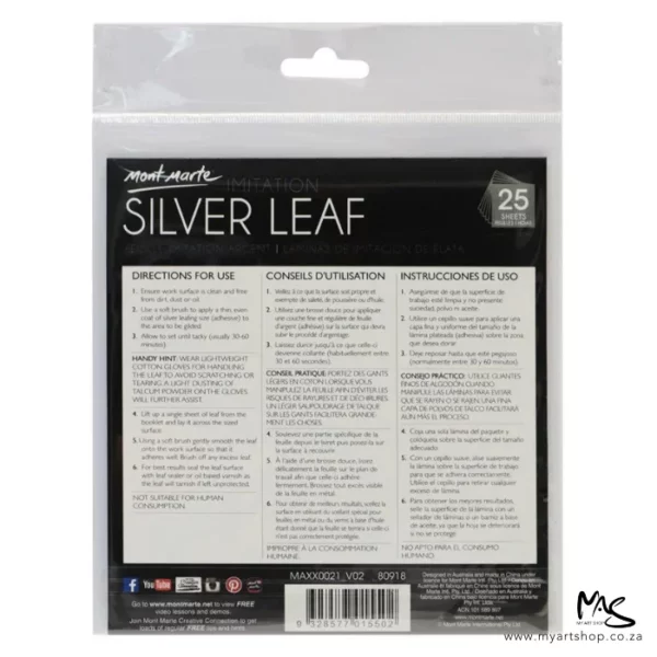 The back packaging of Mont Marte Imitation Silver Leaf can be seen in the center of the frame. The leaf is supplied in a clear packet that is hangable. There is a piece of paper in the back of the packet with the instructions for the leafing process. The image is center of the frame and on a white background.