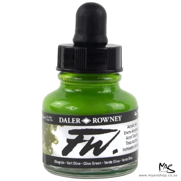A single bottle of Olive Green Daler Rowney FW Acrylic Ink can be seen in the center of the frame. The bottle is a clear glass and has a white label around the body of the bottle with black text. The text describes the colour of the ink and there is the brand name and fw logo on the label. The bottle has a black, plastic eye dropper lid. The image is on a white background.