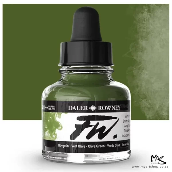 A single bottle of Olive Green Daler Rowney FW Acrylic Ink can be seen in the center of the frame. The bottle is a clear glass and has a white label around the body of the bottle with black text. The text describes the colour of the ink and there is the brand name and fw logo on the label. The bottle has a black, plastic eye dropper lid. There is a colour block rectangle in the background, behind the bottle, which shows the colour of the ink. There is a slight shadow at the base of the bottle.