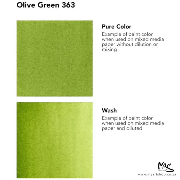 A colour chart for Olive Green Daler Rowney FW Acrylic Ink. There are two colour block squares along the left hand side of the frame with text to the right of each square. The name of the colour is shown at the top of the frame. On a white background.