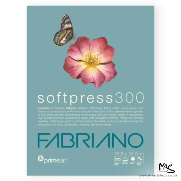 A Large Prime Art Fabriano Soft Press Pad is shown in the center of the frame. The image is of the pad cover. The pad has a dusty blue cover with a picture of a pink flower and a butterfly on the cover. There is white and blue text below the image that describes the quality of the pad and has the brand name. The image is center of the frame and on a white background.