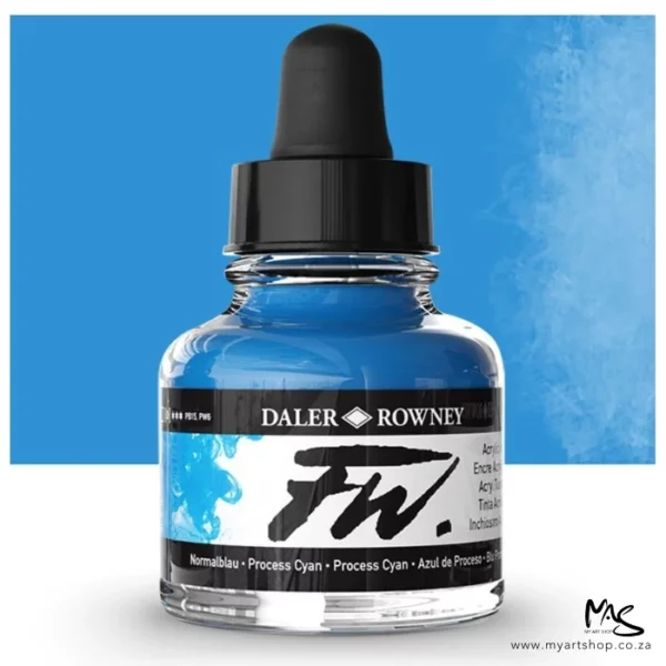 A single bottle of Process Cyan Daler Rowney FW Acrylic Ink can be seen in the center of the frame. The bottle is a clear glass and has a white label around the body of the bottle with black text. The text describes the colour of the ink and there is the brand name and fw logo on the label. The bottle has a black, plastic eye dropper lid. There is a colour block rectangle in the background, behind the bottle, which shows the colour of the ink. There is a slight shadow at the base of the bottle.